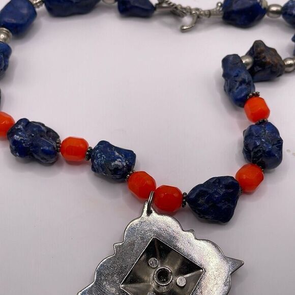 Blue Sodalite Orange Glass Beaded Necklace Silvertone Metal Rhinestone Medalion - Picture 9 of 9